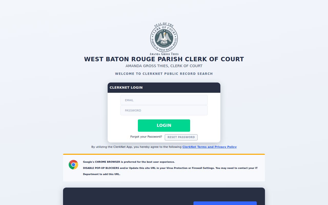 ClerkNet criminal record search shell used for West Baton Rouge Parish warrant checks