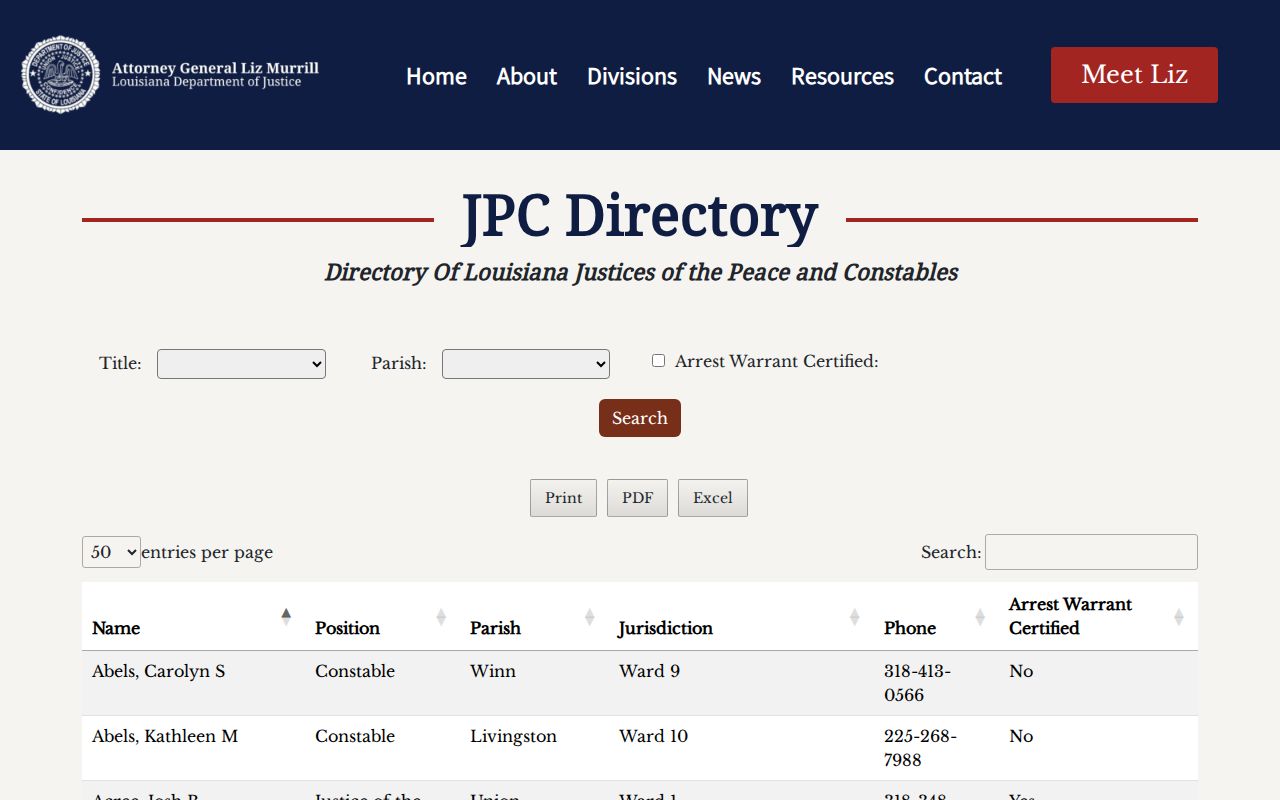 Louisiana justice of the peace and constable directory filters used for West Baton Rouge Parish warrant routing