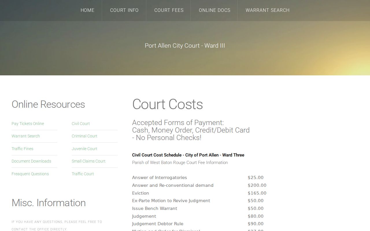 Port Allen City Court cost page used for Port Allen warrant records research