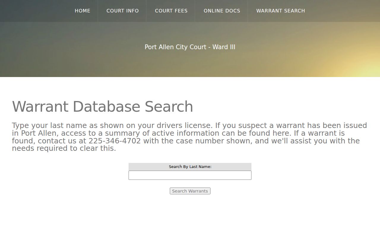 Port Allen warrant database search page with a last-name field for Port Allen warrant records