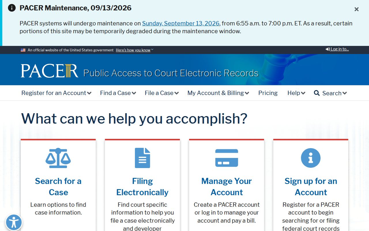 Federal PACER search and account page for checking West Baton Rouge Parish federal warrant records