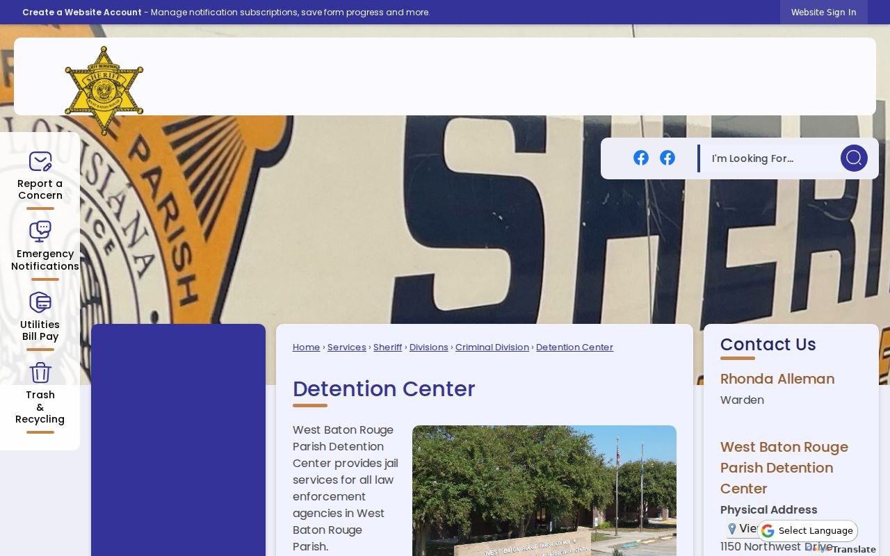 West Baton Rouge Parish Detention Center contact panel used for parish warrant records research