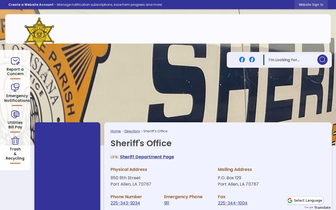 West Baton Rouge Parish sheriff directory showing Warrant Division and criminal records contacts