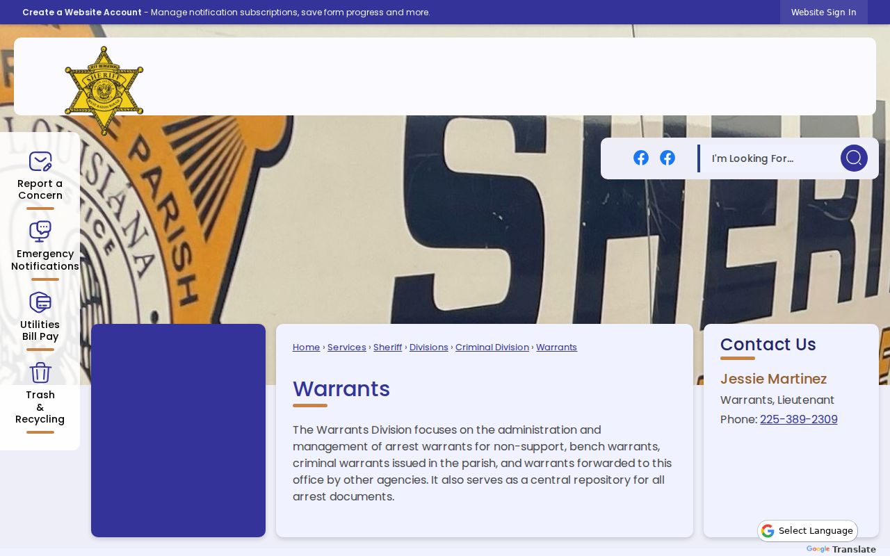 West Baton Rouge Parish sheriff Warrant Division page showing the unit description and phone line
